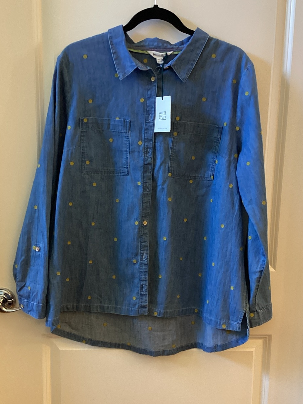 Denim Button-Down Shirt in Light Blue with Yellow Dot Print